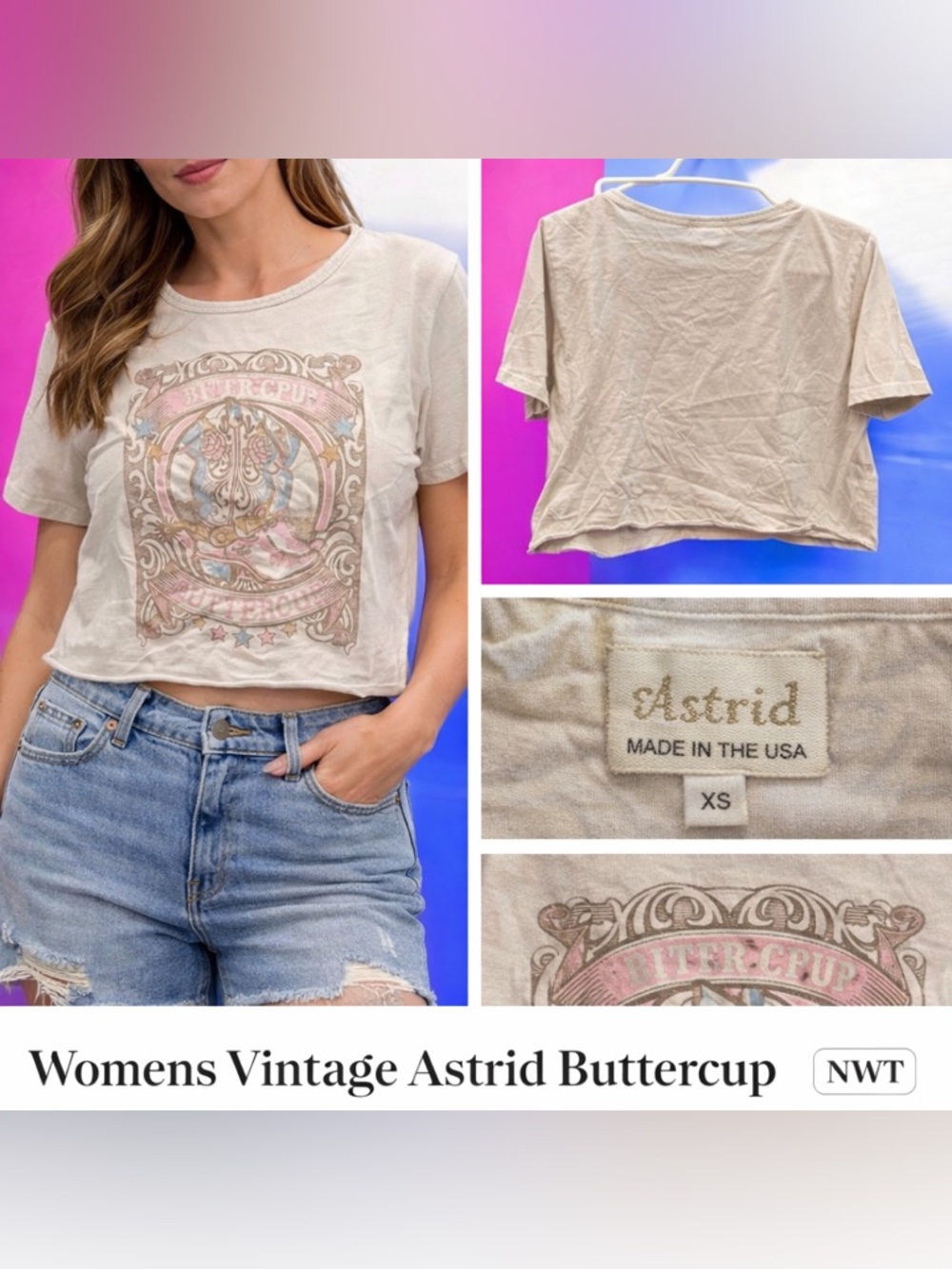 Vintage Astrid Buttercup Trendy Graphic Print White Crop Top XS